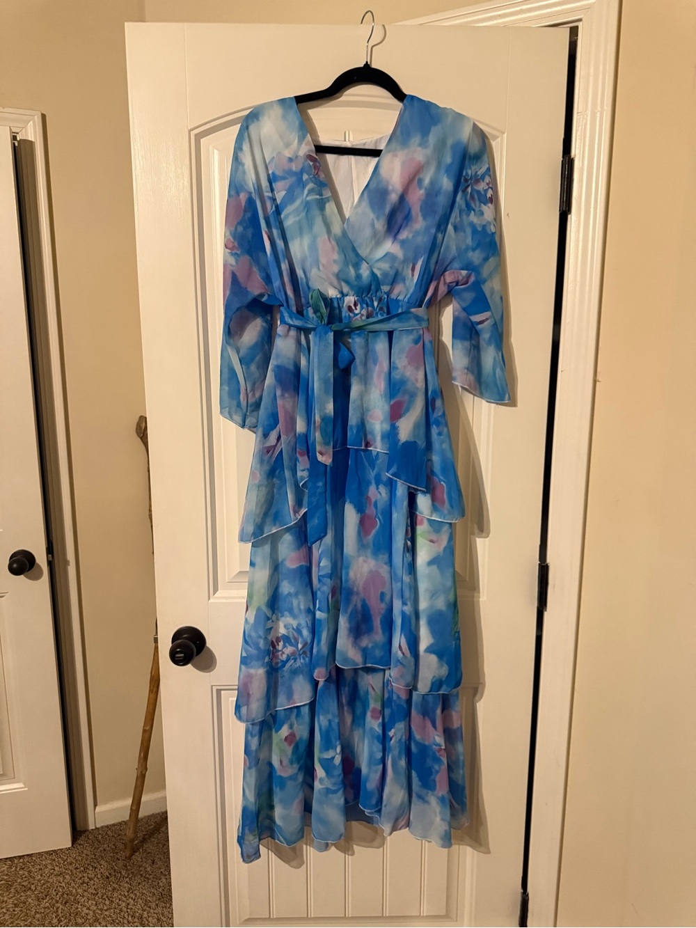 Vintage Blue Watercolor Tiered Maxi Dress with Pink Accents